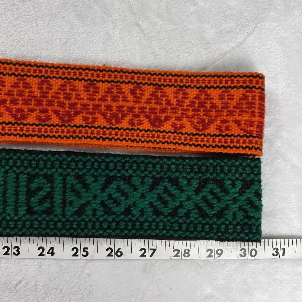 2 Vintage Guatemalan Handwoven Sash Belt Wool Colorful 1970s Green Black Orange